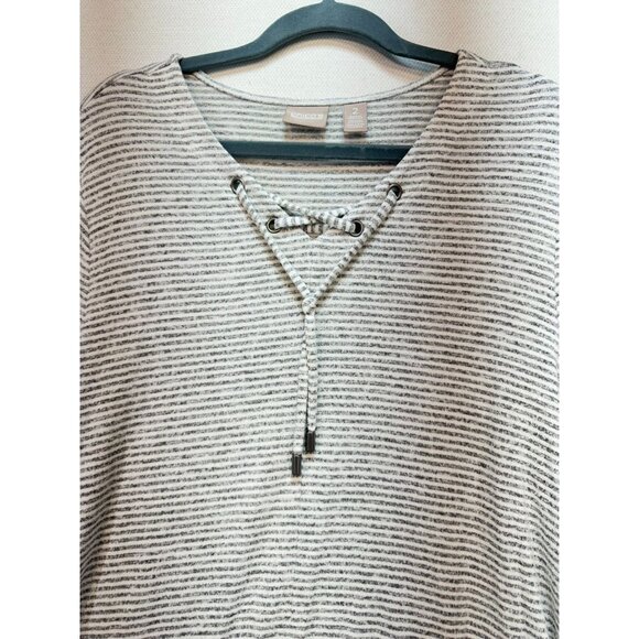Chicos Womens Knitted Sweater Size 2 Gray Striped Pullover Lace Up Long Sleeves - Picture 7 of 14